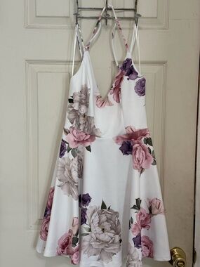Trac White Floral Mini Dress with Pink and Purple Roses